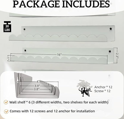 Nursery Book Shelves Set of 6, White Metal Floating Shelves for Wall, 16 Inch Scalloped Book Shelf for Kids Room, Bathroom, Bedroom, Playroom Wall Decor & Storage