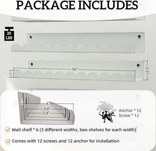 Nursery Book Shelves Set of 6, White Metal Floating Shelves for Wall, 16 Inch Scalloped Book Shelf for Kids Room, Bathroom, Bedroom, Playroom Wall Decor & Storage
