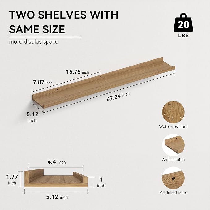 47.2 Inches Long Floating Shelves Wall Mounted, 2 Set Rustic Wall Shelf for Bedroom, Nursery Book Shelf with Lip, Picture Ledge Shelf for Wall Decor Living Room Bathroom Kitchen - Oak