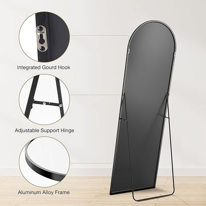OLIXIS Arched Full Length Mirror 59"x16.3" for Bedroom, Full Body Mirror with Stand, Hanging or Leaning for Wall, Aluminum Alloy Thin Frame Floor Standing for Living Room, Long, Black
