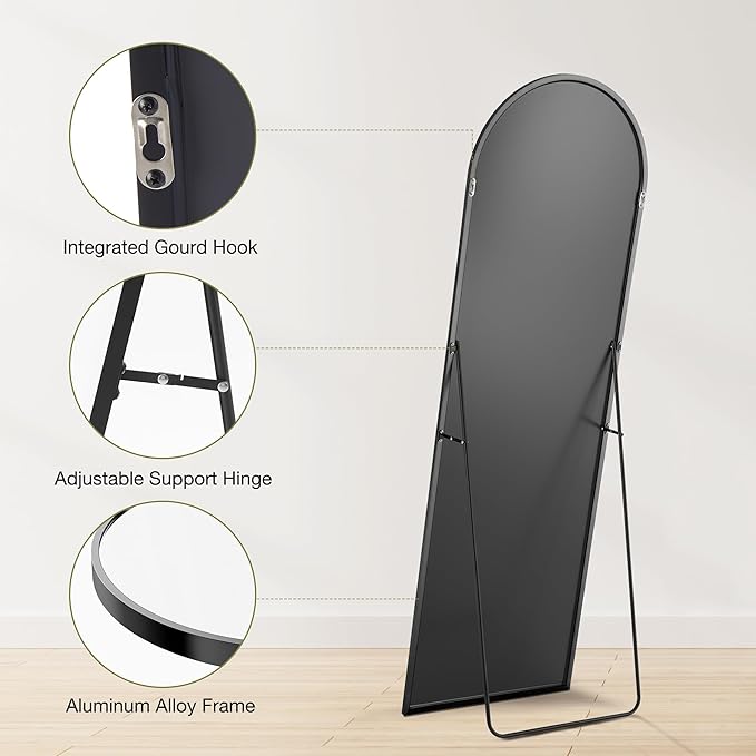 OLIXIS Arched Full Length Black Mirror 64"x 21.5" for Bedroom, Full Body Mirror with Stand, Hanging or Leaning for Wall, Aluminum Alloy Thin Frame Floor Standing for Living Room, Long