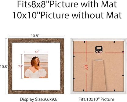 10x10 Picture Frame Set of 9, Display Pictures 8x8 with Mat or 10x10 without Mat, Multi Collage Gallery Square Photo Frames for Wall or Tabletop,Distressed Brown