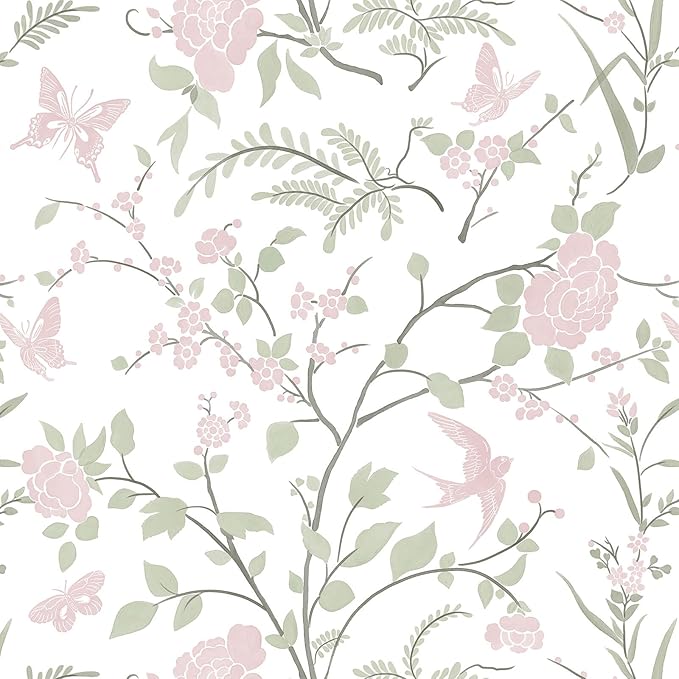 Floral Wallpaper Pink/Green Wallpaper Vintage Peel and Stick Wall Paper Boho Botanical Contact Paper for Cabinets Bird Butterfly Renter Friendly Self-Adhesive Bathroom Bedroom 78.7"×17.3"