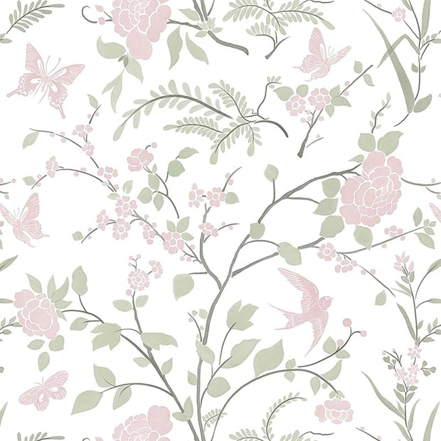 Floral Wallpaper Pink/Green Wallpaper Vintage Peel and Stick Wall Paper Boho Botanical Contact Paper for Cabinets Bird Butterfly Renter Friendly Self-Adhesive Bathroom Bedroom 78.7"×17.3"