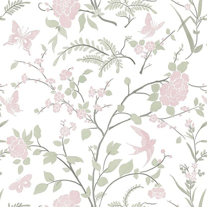 Floral Wallpaper Pink/Green Wallpaper Vintage Peel and Stick Wall Paper Boho Botanical Contact Paper for Cabinets Bird Butterfly Renter Friendly Self-Adhesive Bathroom Bedroom 393"×17.3"