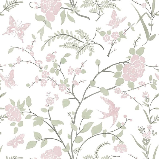 Floral Wallpaper Pink/Green Wallpaper Vintage Peel and Stick Wall Paper Boho Botanical Contact Paper for Cabinets Bird Butterfly Renter Friendly Self-Adhesive Bathroom Bedroom 393"×17.3"