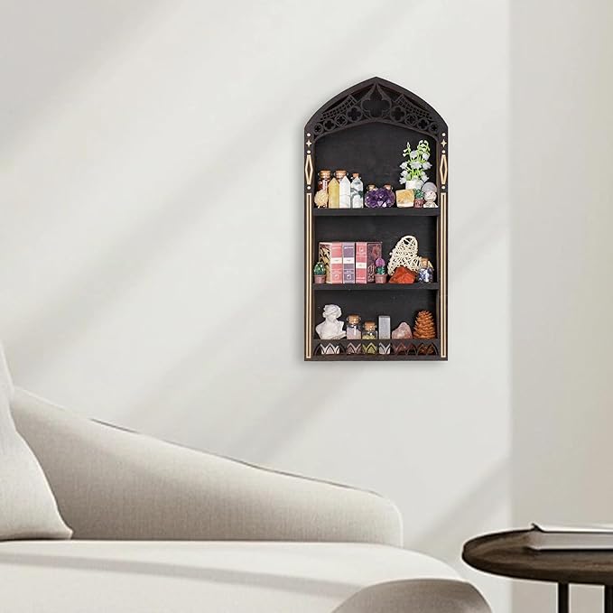 Gothic Crystal Shelf Display for Wall, Wooden Rock Gem Healing Stone Display Shelf Wall Mounted, Crystal Holder Trinket Organizer Knick Knack Shelf, Gothic Witchy Decor Gifts for Women - 2025 UPGRADED