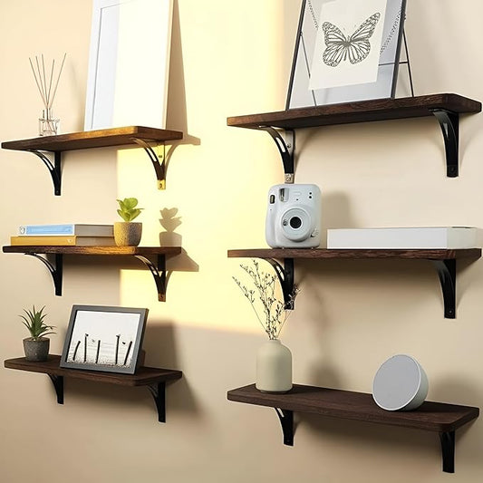 Reinforced Steel Bracket Rustic Brown Shelf - Easy to Install, Template and Video Included - Rustic Shelves for Wall, Bathroom Storage Shelves