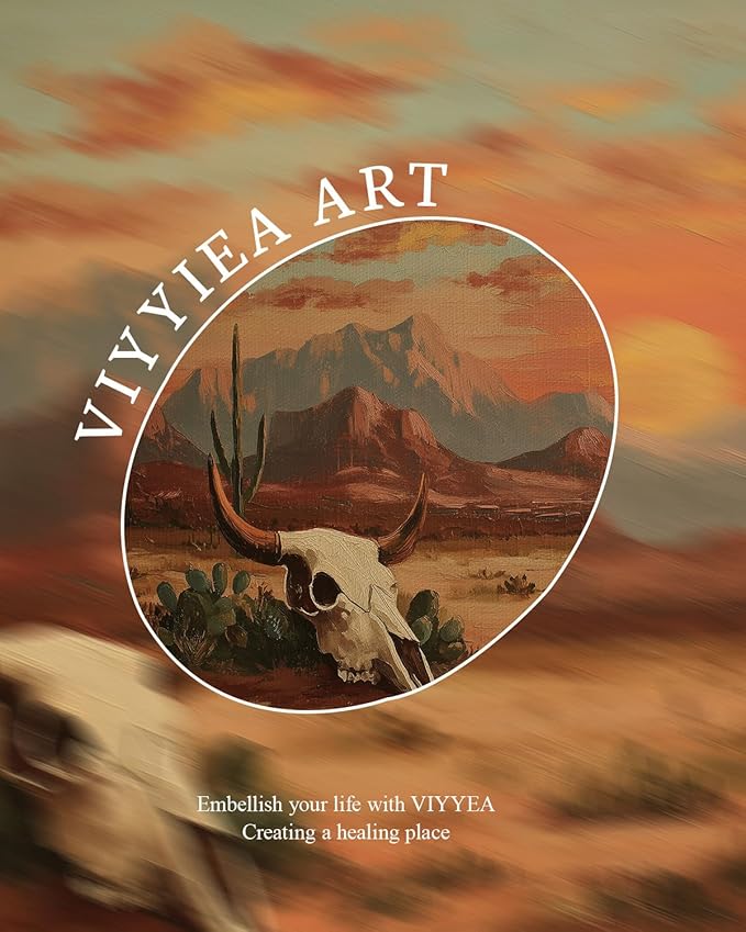 VIYYIEA Gold Small Framed Canvas Art, Vintage Western Desert Landscape Art Prints,8x10Inch, Retro Southwest Cowboy Bull Skull Decor for Home Bedroom Living Room Office Shelf, Cozy Brown Decor