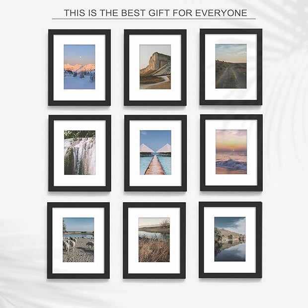 Wiscet 8x10 Picture Frame Set of 9, Display Pictures 5x7 with Mat or 8 x 10 Without Mat, Photo Frame for Wall Mounting or Tabletop, Black