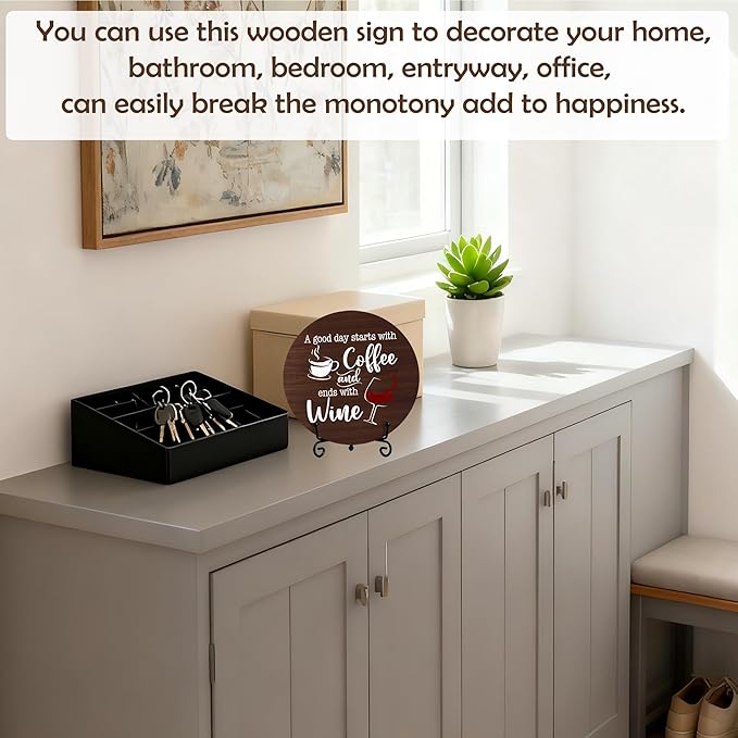 Coffee And Wine Desk Decor Sign, Rustic Funny Wooden Box Plaque, A Good Day Starts With Coffee And Ends With Wine Wood Sign, Decor For Home Kitchen Table Top, Wooden Round With Stand-21