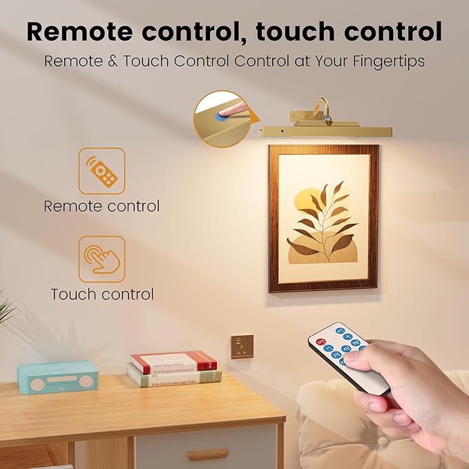 Wireless Picture Lights 12'', 2 Pack 4400mAh Battery Poerered Cordless Wall Lights, 350LM Dimmable Remote Timer for Painting Artwork Living Room (Antique Gold)