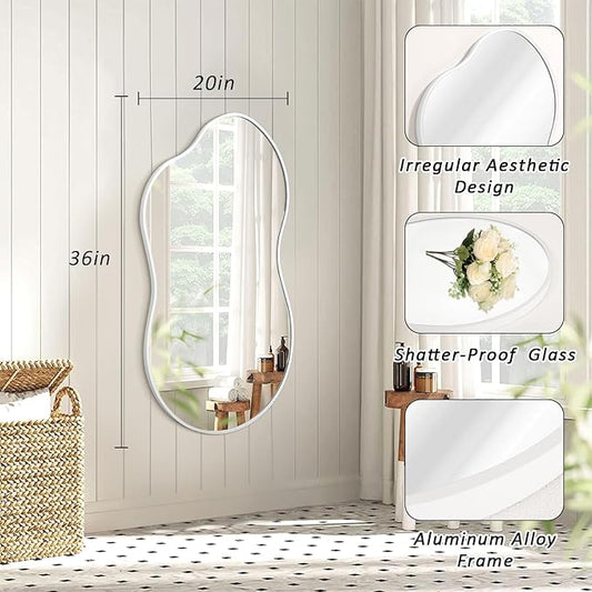 JJUUYOU Mirrors for Wall Metal Framed Decorative Irregular Large Mirrors 20"x36" Asymmetrical for Bathroom Bedroom Living Room Dressing Room Entryway White