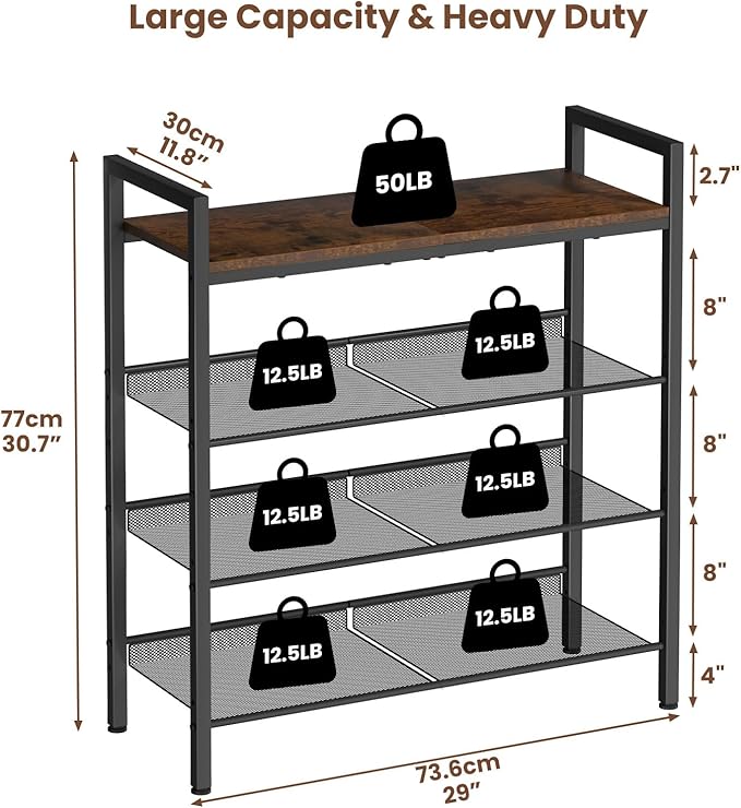 4 Tier Shoe Rack for Entryway, Metal Shoe Rack Heavy Duty with Wooden Top & Adjustable Mesh Shelves, Shoe Storage Organizer for Front Door Entrance/Closet/Bedroom/Dorm/Garage