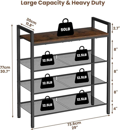 4 Tier Shoe Rack for Entryway, Metal Shoe Rack Heavy Duty with Wooden Top & Adjustable Mesh Shelves, Shoe Storage Organizer for Front Door Entrance/Closet/Bedroom/Dorm/Garage