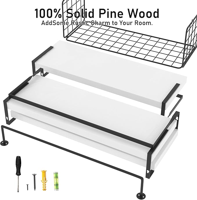 White Wood Floating Shelves Wall Mounted - 3+1 Tier Rustic Bathroom Wall Shelves Over Toilet with Wire Storage Basket & Towel Bar, set of 3 Farmhouse Floating Shelf for Bathroom,Kitchen,Bedroom