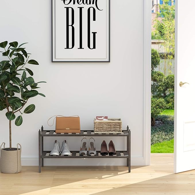 Bamboo 2-Tier Shoe Rack Stackable Shelf Storage Organizer for Entryway, Hallway and Closet, 27.2