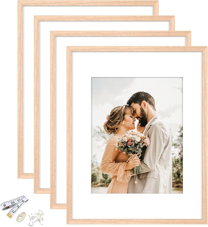 11x14 Picture Frame, Solid Oak Wood Frame 8x10 with Mat or 5x7 with 2 Mat or 11x14 without Mat with Perspex Glass, 11 x 14 Frame for Wall Display Art Photo, Poster, Birthday Christmas Gift, Set of 4