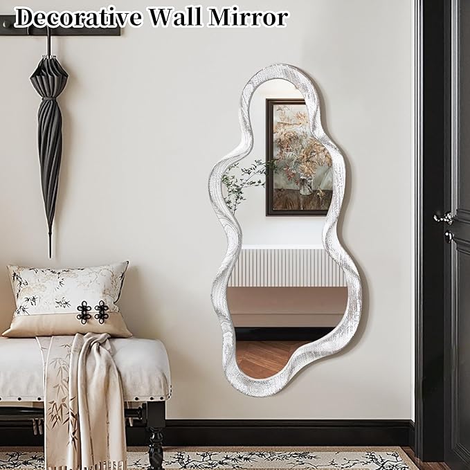 Irregular Wood Frame Mirror Asymmetrical Mirrors for Wall Unique Cloud Modern Living Room Bedroom Vanity Entryway Hallway Decorative Artistic Cute and Stylish Wall Mirror Large