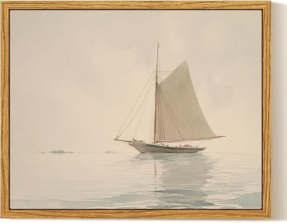 InSimSea Framed Canvas Print Art, Vintage Nautical Sailboat Landscape Painting, Rustic Farmhouse Cottage Decor for Hallway Wall Floating Shelf Desk Vanity Fireplace,10x8in, Neutral Tones