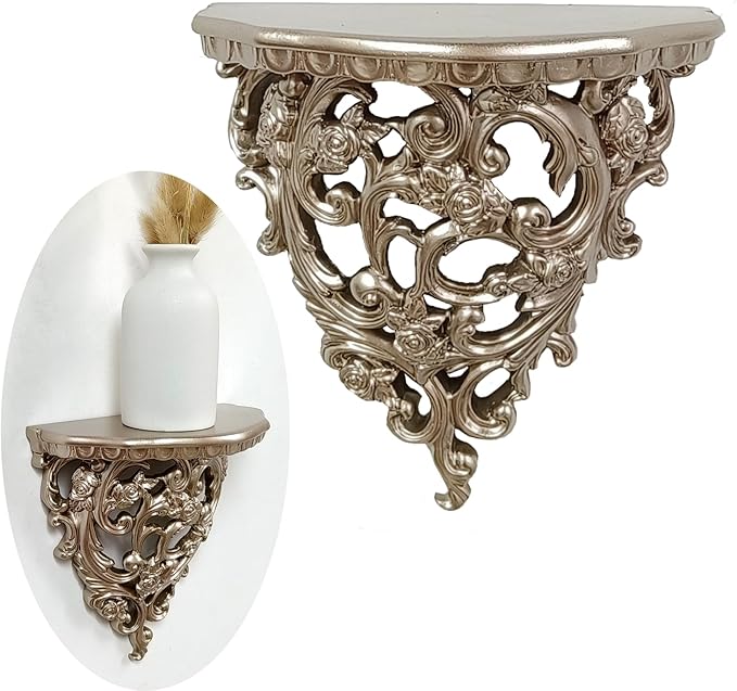 Z metnal Small Victorian Decorative Floating Shelves, Wall Mounted Decor Shelves, Classic Wall Display Organizer, Retro Hollow Carving Art Ornament Rack, Baroque Style Decorative Stand, Champagne