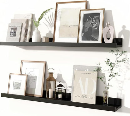 Fun Memories Picture Ledge Shelves Set of 2, 32 Inch Rustic Wall Mounted Floating Shelves with Lip for Home Storage and Décor in Bathroom, Kitchen, Nursery, Bedroom, Living Room, Black
