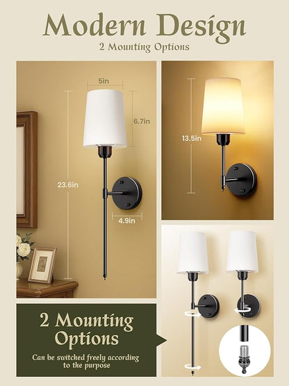 Wall Sconces Set of 2 Battery Operated, Black Wall Lights with Rechargeable Magnetic Bulbs and Remote, Dimmable & 15 RGB Cordless Wall Lamps for Bedroom Living Room Hallway, 23 Inch