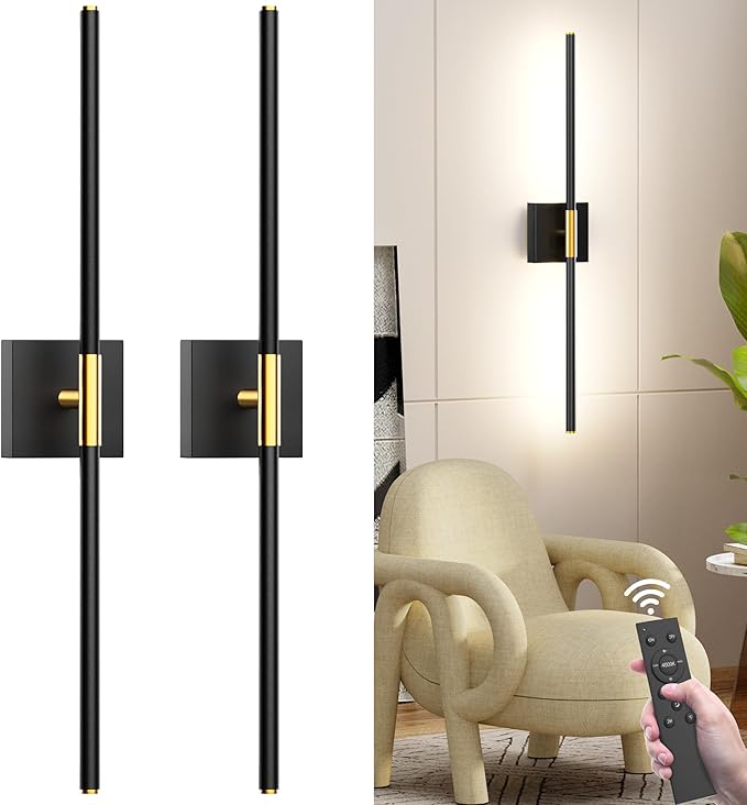 31.5 Inch Battery Operated Wall Sconce Set of Two, 8000mAh USB Rechargeable Wall Sconce with Remote Control, 360°Rotate Dimmable 3000K-6000K LED Wall Lights for Living Room, Hallway, Bedroom, (2 Pack)