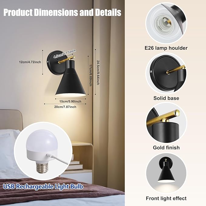 Black Rechargeable Battery Operated Wall Sconces Set of 2 with Remote, Wireless Dimmable Battery Powered Wall Light, Cordless Wall Lamp Lighting Fixture for Bedroom Living Room, Bulb Included