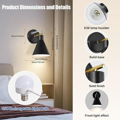 Black Rechargeable Battery Operated Wall Sconces Set of 2 with Remote, Wireless Dimmable Battery Powered Wall Light, Cordless Wall Lamp Lighting Fixture for Bedroom Living Room, Bulb Included
