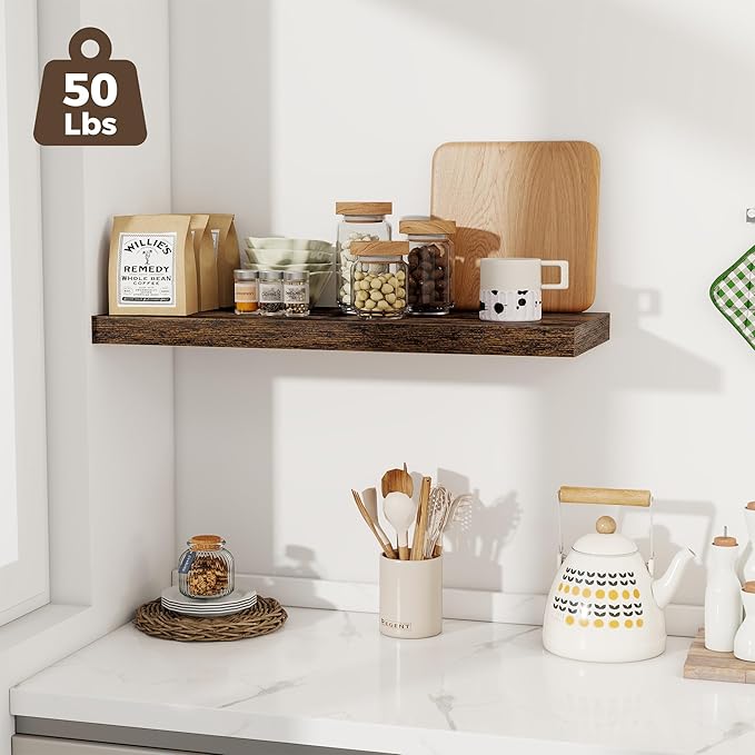 Fun Memories 12 Deep Floating Shelves for Wall | 30W x 12D Large Floating Shelves | 3 Pack Storage Space Wall Mount Shelf for Living Room Bathroom Toilet Laundry Room Kitchen Home Office - Brown