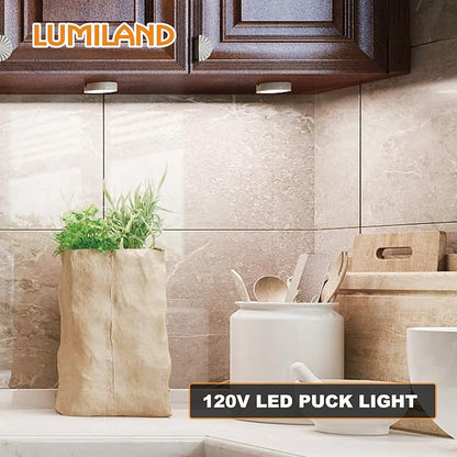 LUMILAND Wired LED Puck Lights 120V (2.7Wx3) Plug-in Lighting Warm White, LED Cabinet Light for Kitchen Can Be Surface Mount or Recess Mount, Satin Nickle