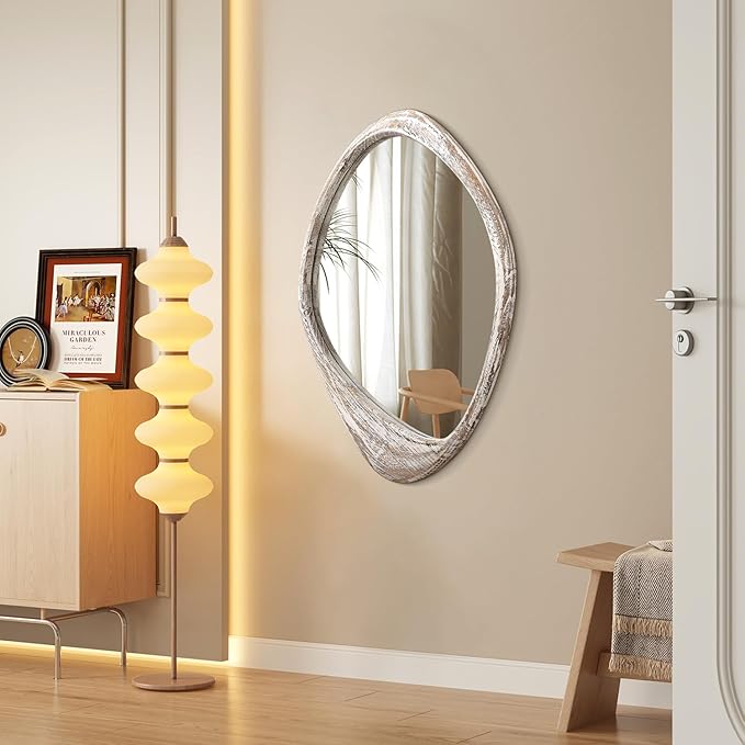 AAZZKANG Irregular Wooden Wall Mirror 28"x20" Large Asymmetrical Decorative Rustic Mirrors for Bedroom Living Room Entryway