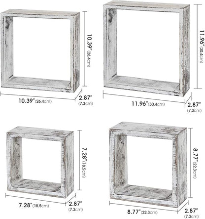 J JACKCUBE DESIGN Floating Hanging Square Shelves Wall Mounted Rustic Wood Cube Display Shelf Shadow Boxes Decorative Boho Home Décor for Living Room, Bedroom, Office, Set of 4 (White) - MK571C