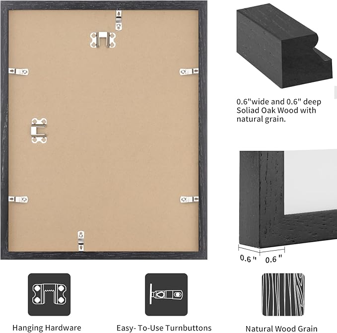 puthiac 10x10 Solid Oak Wood Picture Frame, Fits 6x6 with Mat or 10x10 Without Mat, Wall Display Only, Plexi Front, 3 Pack, Black
