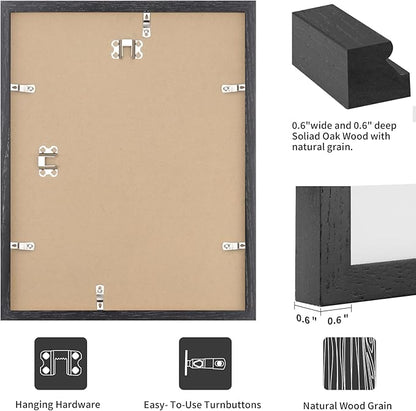 puthiac 10x10 Solid Oak Wood Picture Frame, Fits 6x6 with Mat or 10x10 Without Mat, Wall Display Only, Plexi Front, 3 Pack, Black