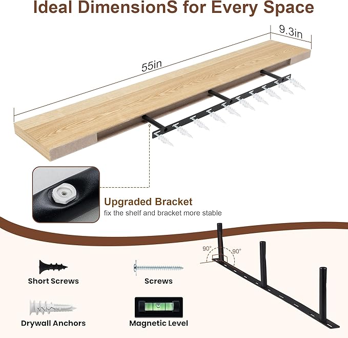 RICHFOCUS Floating Shelves for Wall | 9.3 Inch Deep Rustic Long Floating Shelves with Solid Ash Wood Veneer Set of 1 | 55 Inch Shelves with Upgraded Brackets | for Living Room Bathroom Home Office