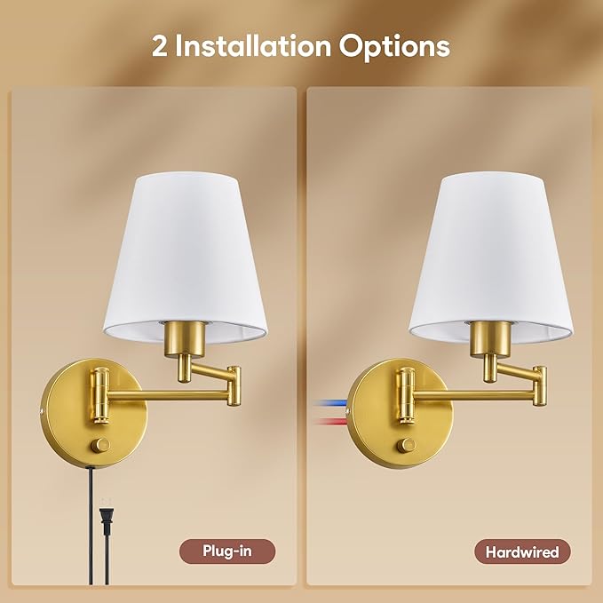 VONLUCE Wall Sconce Set of 2, Plug in & Hardwired Swing Arm Wall Lamps, Adjustable Wall Mounted Lighting Fixtures, Modern Wall Lights with Golden Base White Fabric Shade for Bedside, Hallway, Study