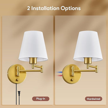 VONLUCE Wall Sconce Set of 2, Plug in & Hardwired Swing Arm Wall Lamps, Adjustable Wall Mounted Lighting Fixtures, Modern Wall Lights with Golden Base White Fabric Shade for Bedside, Hallway, Study