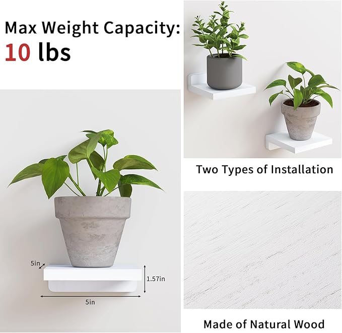 Fixwal Floating Shelves for Wall, Rustic Wood Small Wall Mounted Shelves for Bedroom, Living Room, Kitchen, Bathroom Decor, Set of 4, 5 x 5 Inches (White)
