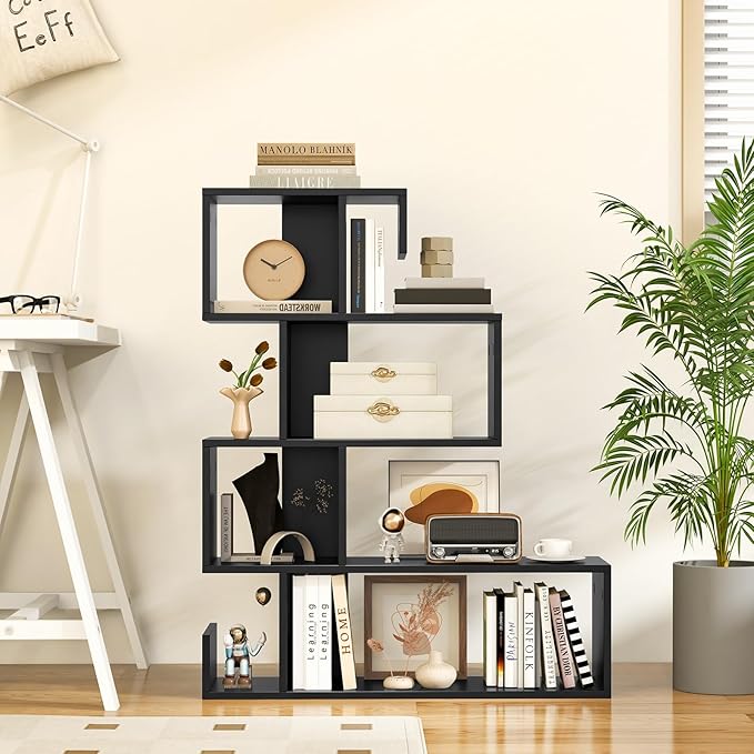 Giantex 5-Tier S-Shaped Bookshelf, Geometric Bookcase w/Open Cubes, Modern Decorative Display Shelf w/Anti-Toppling Kits, Freestanding Storage Rack for Living Room, Study, Home, Office, Black