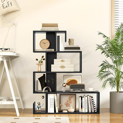 Giantex 5-Tier S-Shaped Bookshelf, Geometric Bookcase w/Open Cubes, Modern Decorative Display Shelf w/Anti-Toppling Kits, Freestanding Storage Rack for Living Room, Study, Home, Office, Black
