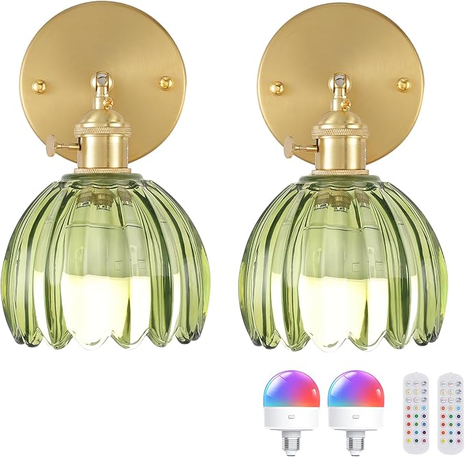 Vintage Battery Operated Wall Sconce with Green Tulip Glass Lampshade 5000 mAh Rechargeable Battery Powered Wall Light with Remote Control for Bedside Bedroom Doorway, Set of 2