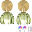 Vintage Battery Operated Wall Sconce with Green Tulip Glass Lampshade 5000 mAh Rechargeable Battery Powered Wall Light with Remote Control for Bedside Bedroom Doorway, Set of 2