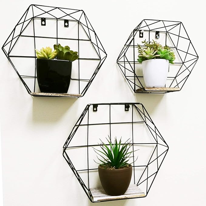 Admired by Nature 3pcs Hanging Shelves, Accent Wall Shelf, Hexagon Shelves, Wall Storage Shelves, Display Shelf, Wire Decorative Floating Shelves, Geometric Wall Decor for Home Décor, Black