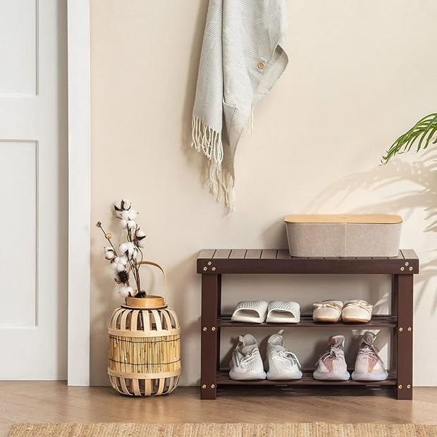 Apicizon Bamboo Shoe Rack for Entryway, 3-Tier Shoe Rack Bench for Front Indoor Entrance, Small Shoe Organizer with Storage, Dark Brown