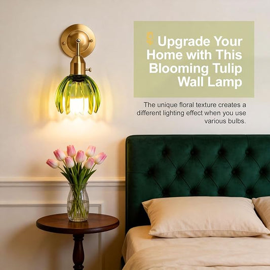 Vintage Gold Wall Sconces with Green Tulip Glass Lampshade, Hardwired and Wireless Wall Lamp (2 Usage Methods), Brass Sconces Hradwired Modern Wall Light Fixture for Bedroom Living Room
