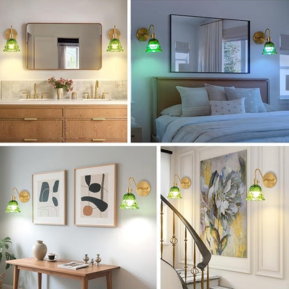 Battery Operated Wall Sconces, Set of Two RGB Color Dimmable Wall Sconce with Remote, Green Glass Lampshade Wall Decor Set of 2 for Living Room, Bedroom, Bedside, Bathroom