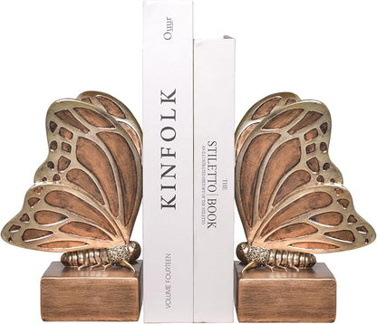 Vintage Brown Butterfly Bookends,Resin Book Ends for Shelves,Heavy Duty Decorative Bookends,Creative Book Stopper Holder Decor for Desk Home Office,Shelf Decoration,Gifts for Mother's Day