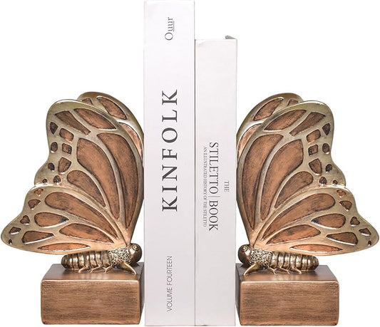Vintage Brown Butterfly Bookends,Resin Book Ends for Shelves,Heavy Duty Decorative Bookends,Creative Book Stopper Holder Decor for Desk Home Office,Shelf Decoration,Gifts for Mother's Day